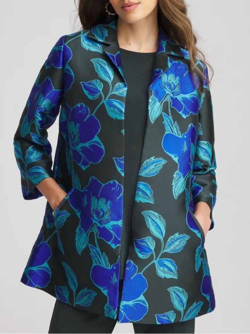 Chico's Travelers Collection Floral Jacquard Jacket Size 2 (Large) blue